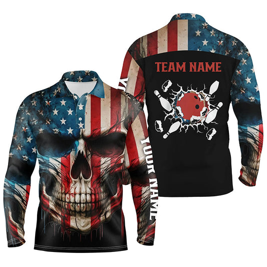 Personalized Skull Bowling Shirt for men Custom Team's Name American Flag Bowler Jersey Polo Shirt NQS6408