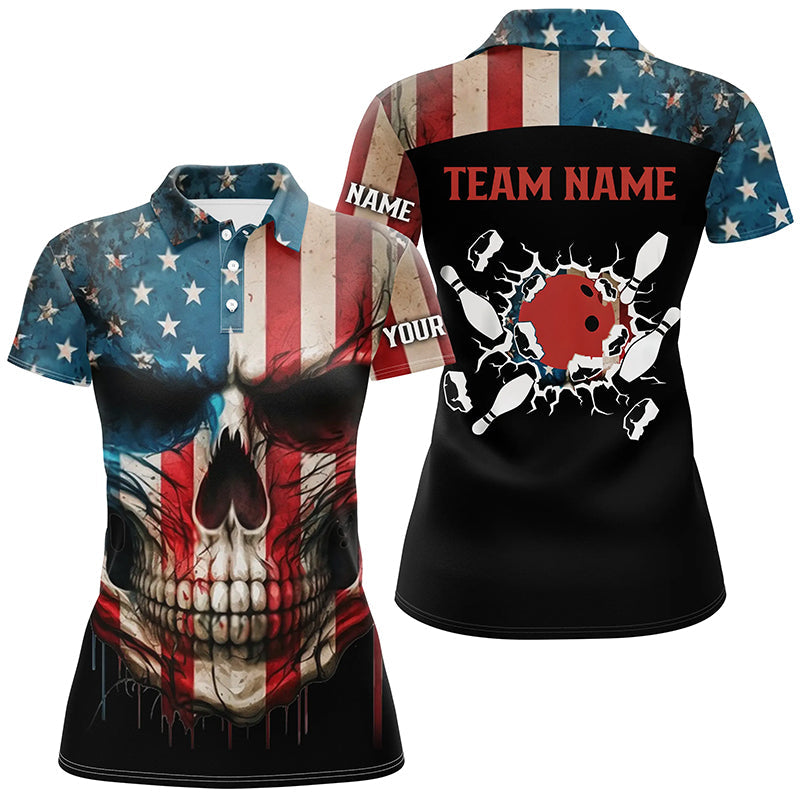 Personalized Skull Bowling Shirt for women Custom Team's Name American Flag Bowler Jersey Polo Shirt NQS6408