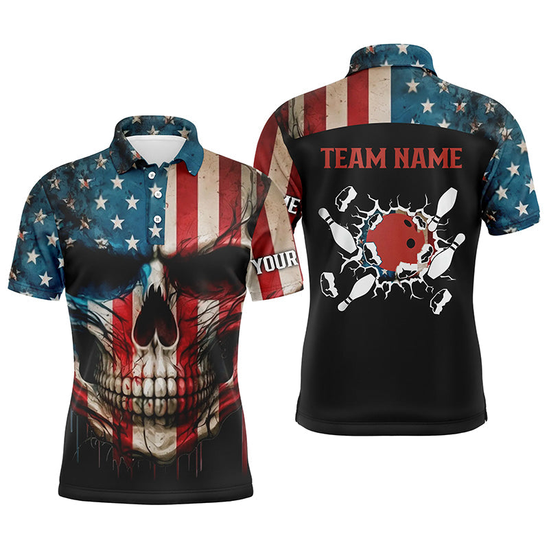 Personalized Skull Bowling Shirt for men Custom Team's Name American Flag Bowler Jersey Polo Shirt NQS6408