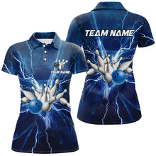 Load image into Gallery viewer, Women bowling polo shirts Custom blue lightning thunder Bowling Team Jersey, gift for team Bowlers NQS6638