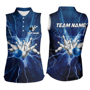 Women bowling sleeveless polo shirts Custom blue lightning thunder Bowling Team Jersey NQS6638