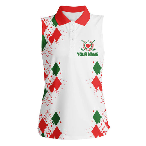 Red, white green Christmas argyle pattern Womens sleeveless polos shirts custom golf tops for ladies NQS6640