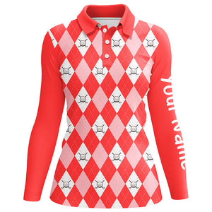 Red argyle plaid pattern Women golf polo shirts custom golf shirts for women, personalized golf gift NQS6877