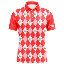 Load image into Gallery viewer, Red argyle plaid pattern Mens golf polos shirts custom golf shirts for men, personalized golf gifts NQS6877