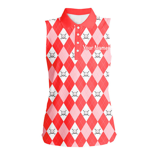 Red argyle plaid pattern womens sleeveless polo shirts custom golf shirts for women, golf gifts NQS6877