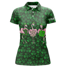 Load image into Gallery viewer, Funny Womens golf polo shirt green clover St Patrick day background custom Flamingo golf friends NQS4742