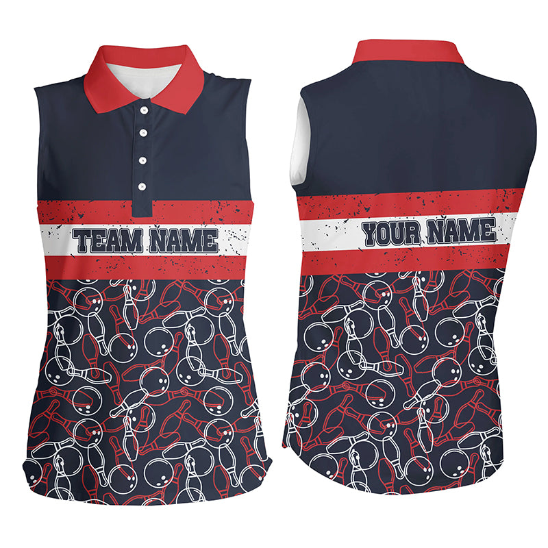 Women bowling sleeveless polo shirts Custom name red and blue vintage Bowling Team Bowlers Jerseys NQS5274