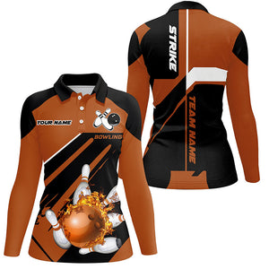 Black and orange Bowling polo shirt for women Custom flame bowling ball and pins polo uniform shirts NQS7309