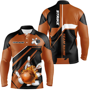 Black and orange Bowling polo shirt for men Custom flame bowling ball and pins polo uniform shirts NQS7309