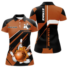 Load image into Gallery viewer, Black and orange Bowling polo shirt for women Custom flame bowling ball and pins polo uniform shirts NQS7309