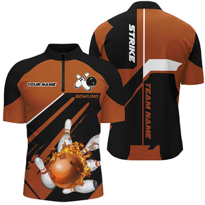 Black and orange Bowling Quarter Zip shirt for men Custom flame bowling ball and pins uniform shirts NQS7309