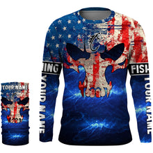 Load image into Gallery viewer, American Flag Fish reaper blue galaxy Custom Long sleeve Shirts UV, personalized Patriotic Fishing gifts NQS2389