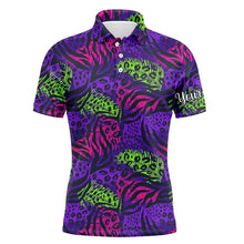 Load image into Gallery viewer, Mens golf polo upf shirts with colorful purple tropical background custom team golf polo shirts NQS4160