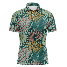 Load image into Gallery viewer, Mens golf polo upf shirts with green tropical pattern with palm leopard custom team golf polo shirts NQS4161