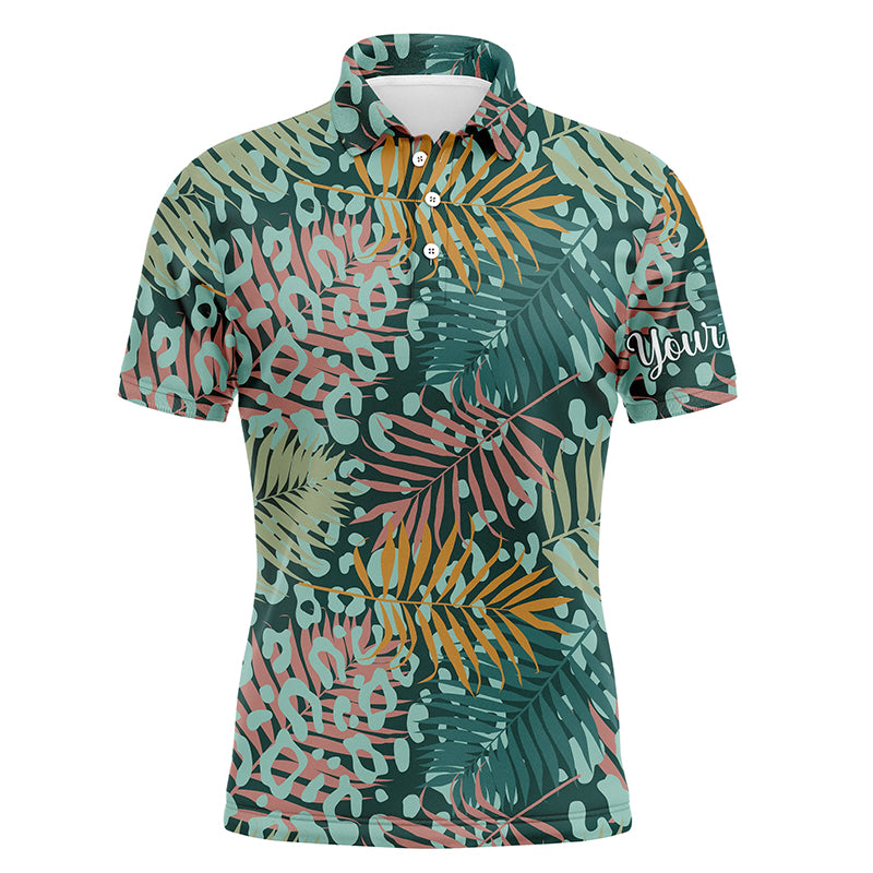 Mens golf polo upf shirts with green tropical pattern with palm leopard custom team golf polo shirts NQS4161