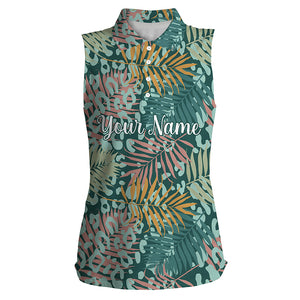 Womens sleeveless polo shirts green tropical pattern with palm leopard custom team golf polo shirts NQS4161
