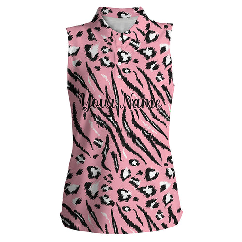 Pink tiger leopard texture Womens sleeveless polo shirts custom team women golf shirts NQS4162