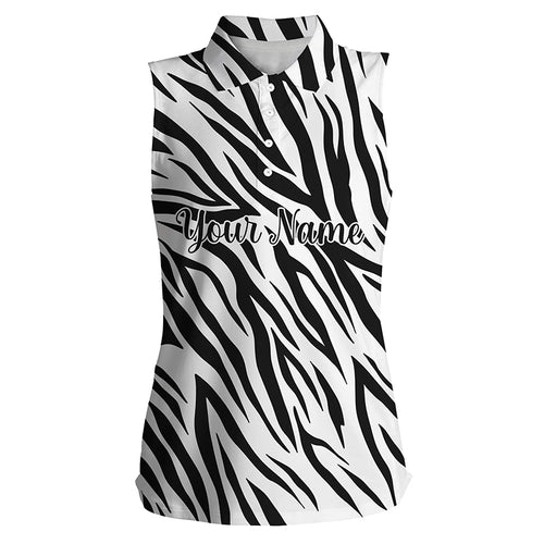 Black and white zebra pattern Womens sleeveless polo shirts custom name gift for golf lovers NQS4163
