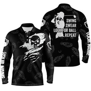 Mens golf polo shirt swing swear look for ball repeat custom name golf clubs pattern shirt | Black NQS4374