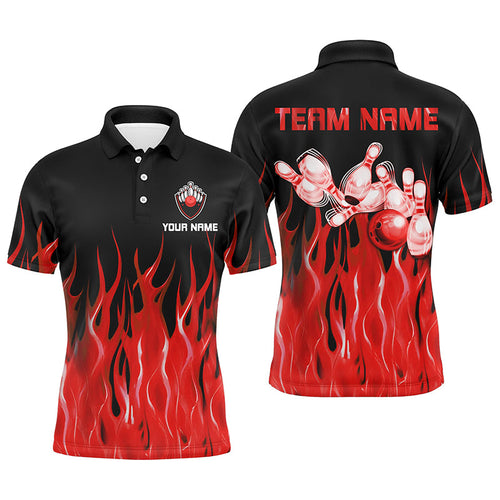 Personalized Men polo Bowling Shirt Red Flame Bowling Ball Pins bowling jerseys for men Bowler NQS7052