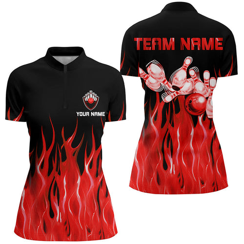 Red flame Bowling Quarter-Zip Shirt Women black Bowling Jerseys Personalized Bowling Team Shirts NQS7052