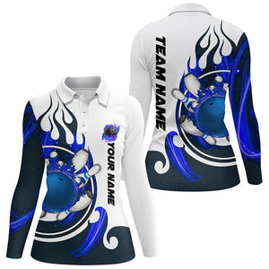 White Bowling polo Shirt for women Custom blue flame bowling ball and pins Jerseys NQS7166