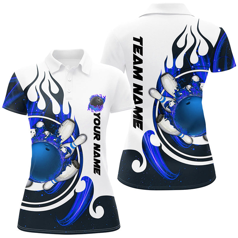 White Bowling polo Shirt for women Custom blue flame bowling ball and pins Jerseys NQS7166