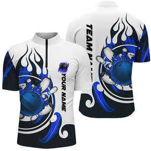 White Bowling Quarter Zip Shirt for men Custom blue flame bowling ball and pins Jerseys NQS7166