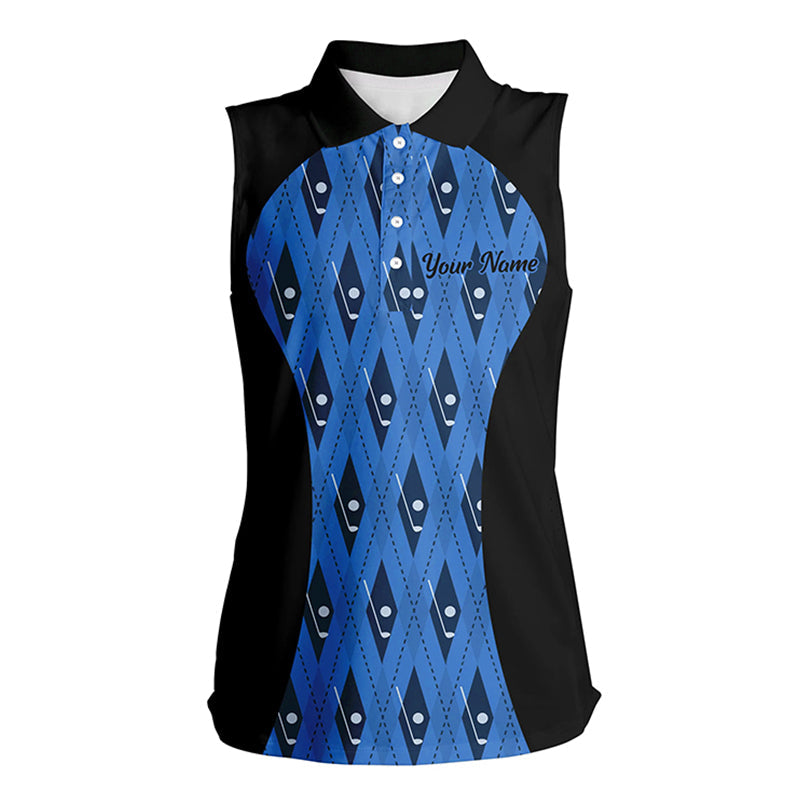 Womens sleeveless polo shirt custom black and blue argyle pattern golf clubs, team ladies golf tops NQS7313