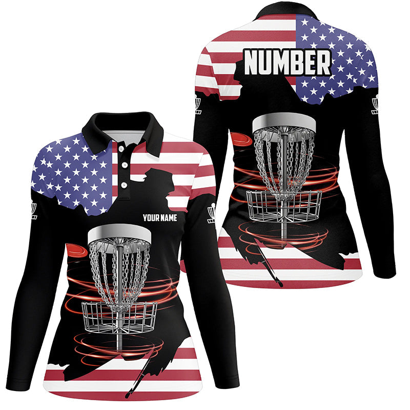 American flag Disc golf basket patriotic Womens disc golf polo shirts custom number disc golf tops NQS7314