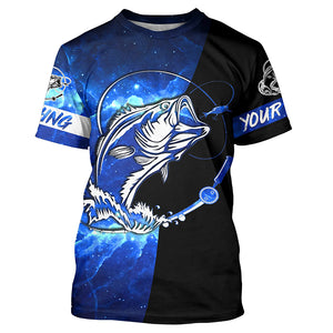 Bass Fishing tattoo blue galaxy black Custom name performance UV protection long sleeve fishing shirts NQS5293