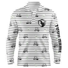 Load image into Gallery viewer, Black and white horizontal stripes custom name Mens golf polo shirt golf cart pattern mens golf wear NQS6427