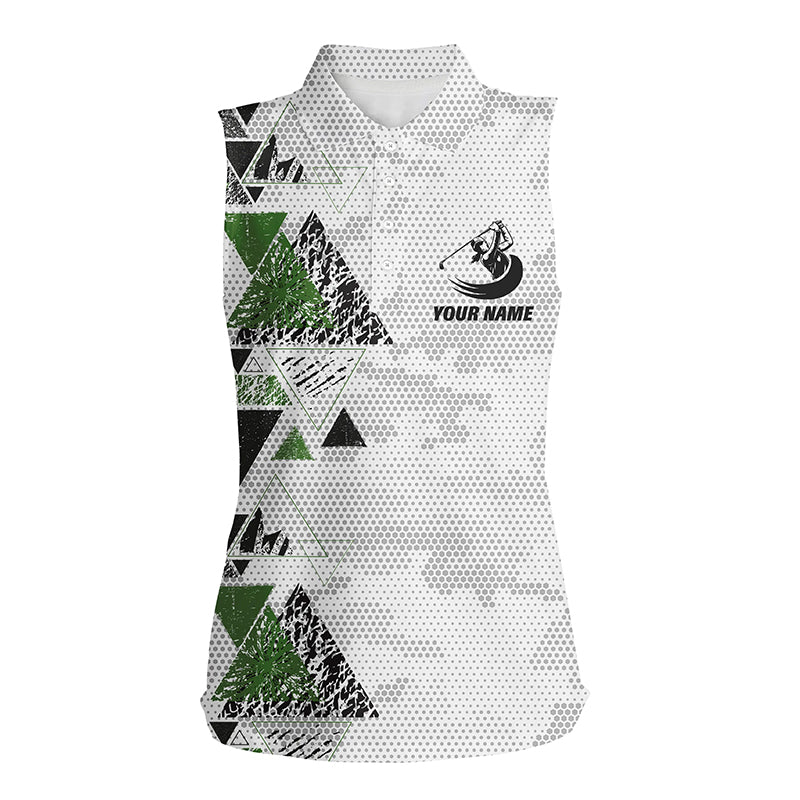 Black and green triangle custom name camo Womens sleeveless polo shirt, best ladies golf wear NQS6428