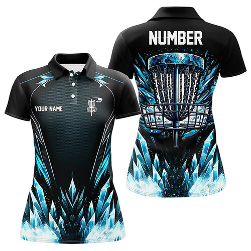 Icy blue Womens Disc golf polo shirts custom black disc golf basket jerseys, frisbee golf shirts NQS7323