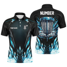 Load image into Gallery viewer, Icy blue Mens Disc golf polo shirts custom black disc  golf basket jerseys, frisbee golf shirts NQS7323