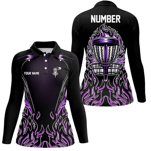 Purple flame Womens Disc golf polo shirts custom black disc golf fire jerseys, disc golf shirts NQS7324