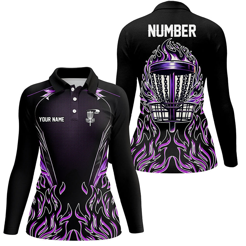 Purple flame Womens Disc golf polo shirts custom black disc golf fire jerseys, disc golf shirts NQS7324