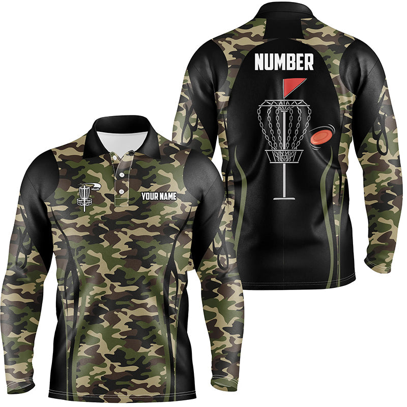 Black Mens disc golf polo shirt custom name, number camo disc golf jersey, mens disc golf apparel NQS6434