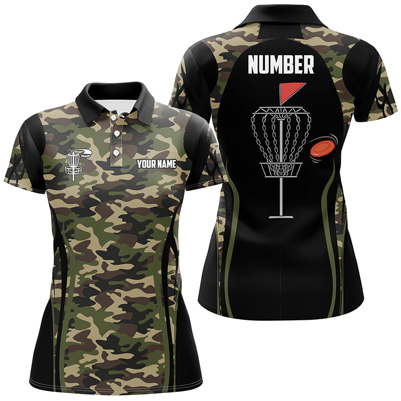 Black Womens disc golf polo shirt custom name, number camo disc golf jersey, ladies disc golf apparel NQS6434