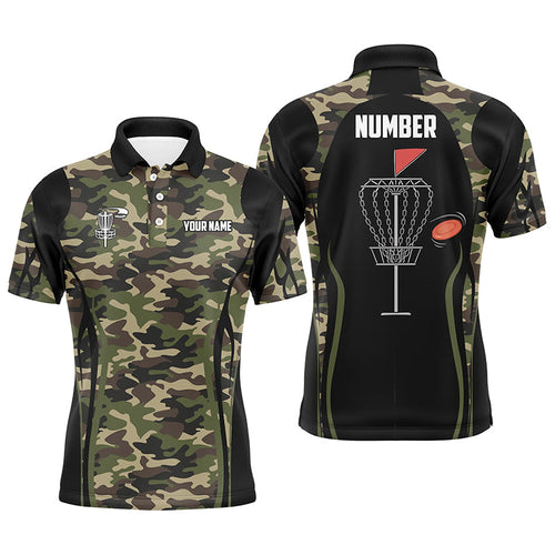 Black Mens disc golf polo shirt custom name, number camo disc golf jersey, mens disc golf apparel NQS6434