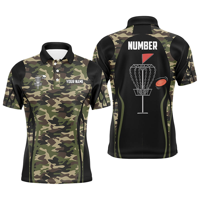 Black Mens disc golf polo shirt custom name, number camo disc golf jersey, mens disc golf apparel NQS6434