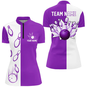 Purple and white retro vintage Bowling Quarter Zip shirts for women custom Bowling team jerseys NQS6656