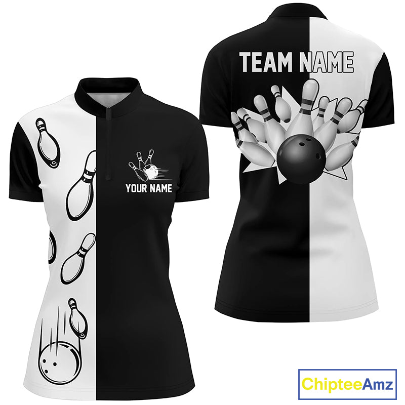 Custom Black white bowling shirt for women – personalized team jersey front view