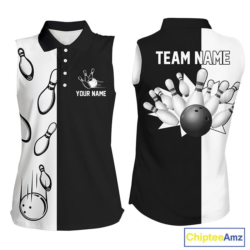 Custom Black white sleeveless bowling shirt for women – personalized team jersey front view
