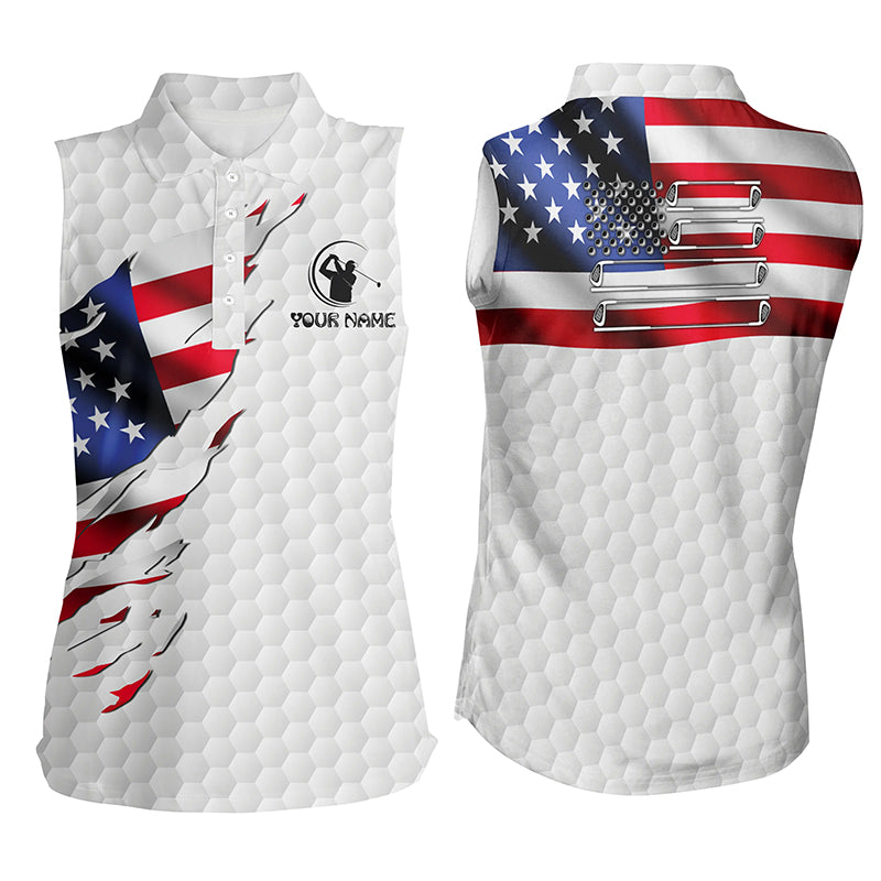 Womens sleeveless polos shirt custom American flag white golf ball skin patriotic golf shirt for women NQS6668