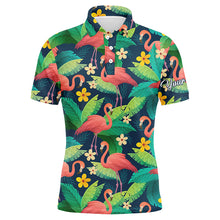 Load image into Gallery viewer, Men golf polo shirts colorful flamingo pattern green tropical leaves custom name team golf polo shirts NQS4776