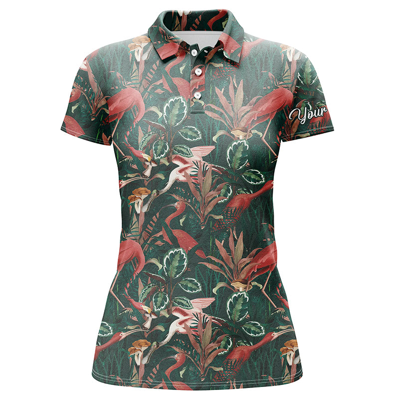 Women golf polo shirts flamingo green tropical jungle pattern custom name team golf polo shirts NQS4777