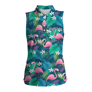 Women sleeveless polo shirts colorful flamingo green tropical leaf pattern custom golf polo shirts NQS4778