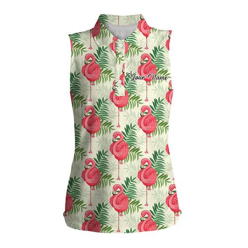 Women sleeveless polo shirts pink flamingo green tropical leaf pattern custom team golf polo shirts NQS4779