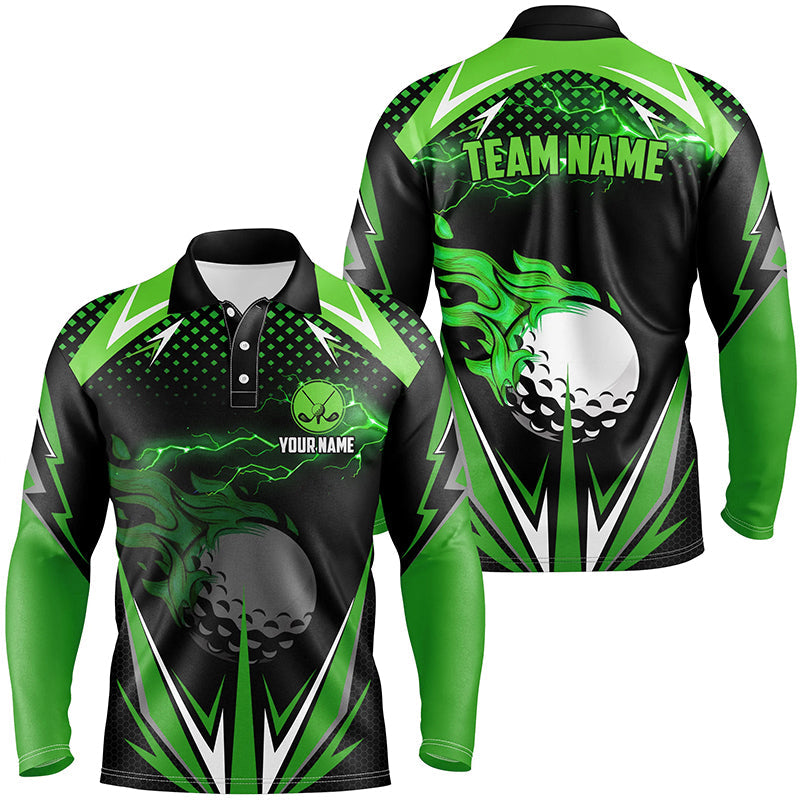 Black Mens golf polo shirts custom green fire lightning team golf jerseys, golf attire for men NQS7325